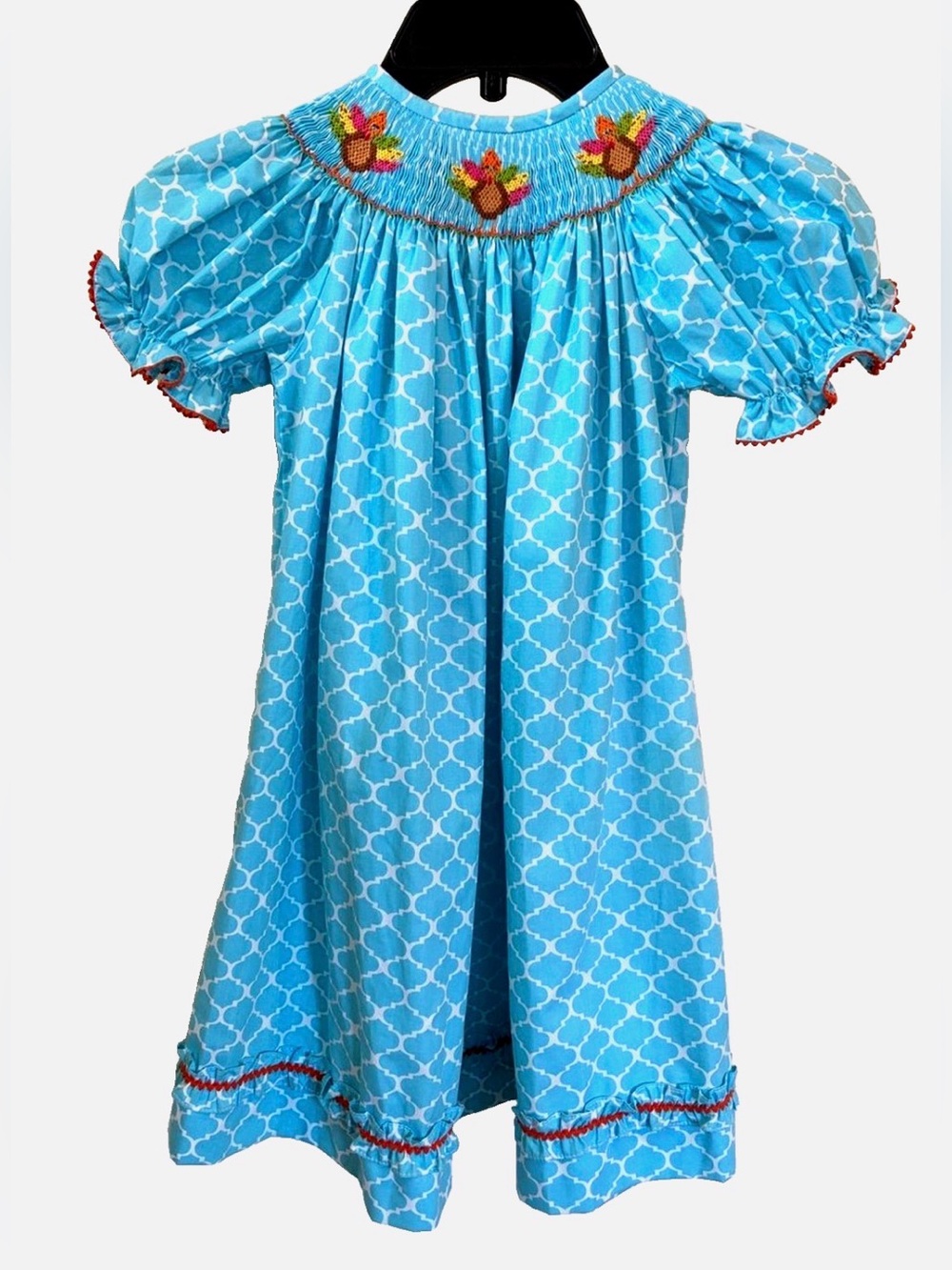 Vive La Fete Girls 4T Thanksgiving Turkey Fall Smocked Blue Bishop Dress